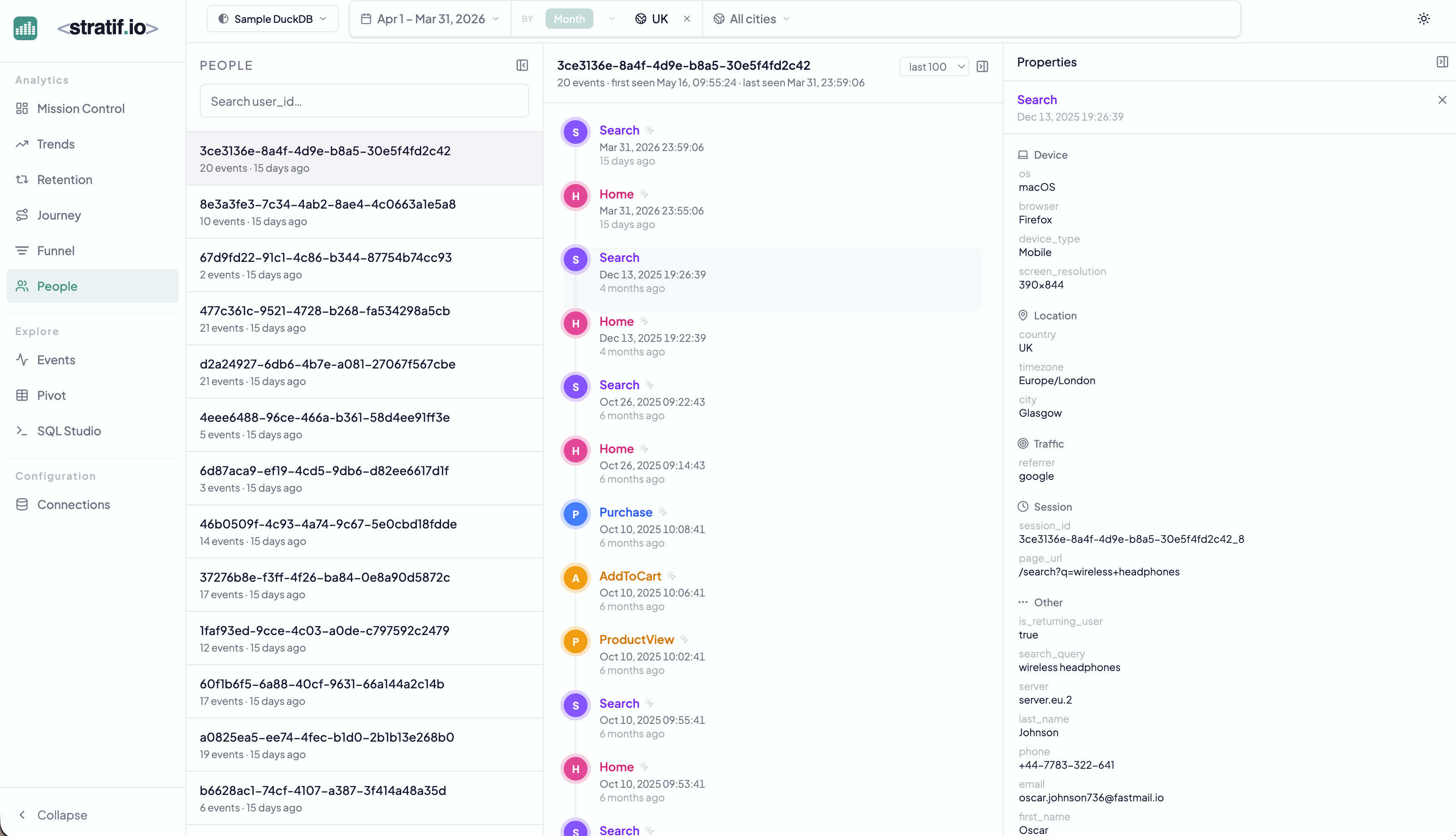 People page showing user list on left and individual event timeline with properties on right