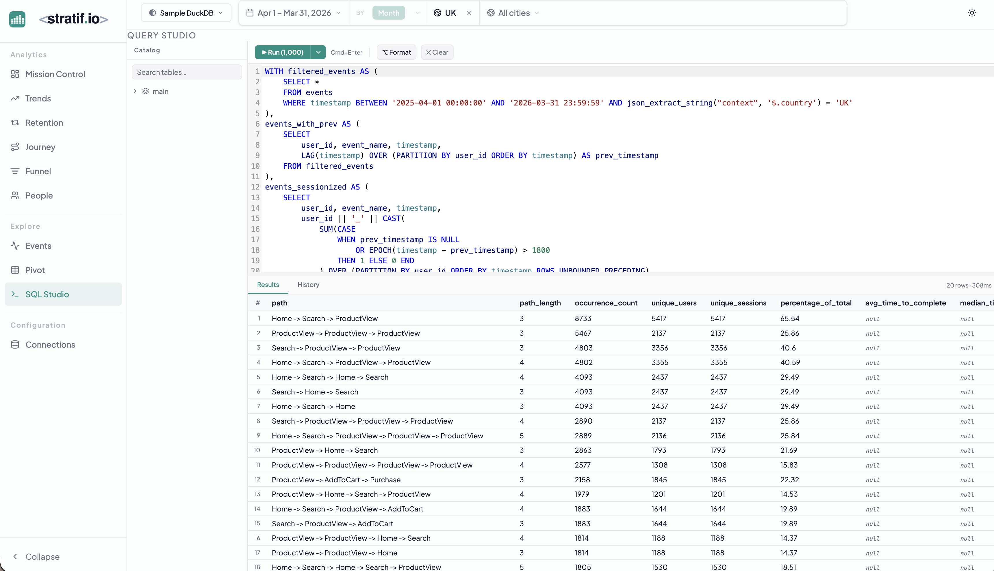 SQL Studio showing a complex path analysis query with results below